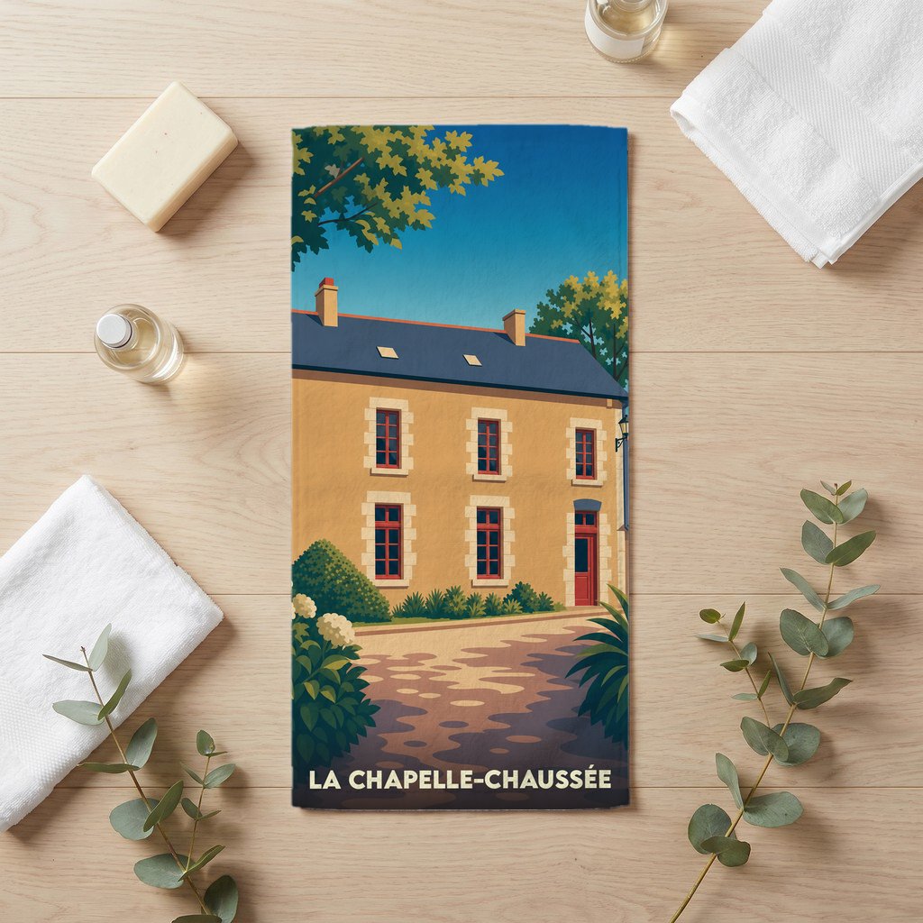 Serviette de bain souvenir de la ville de La Chapelle-Chaussée avec une illustration stylisée d'une maison traditionnelle.
