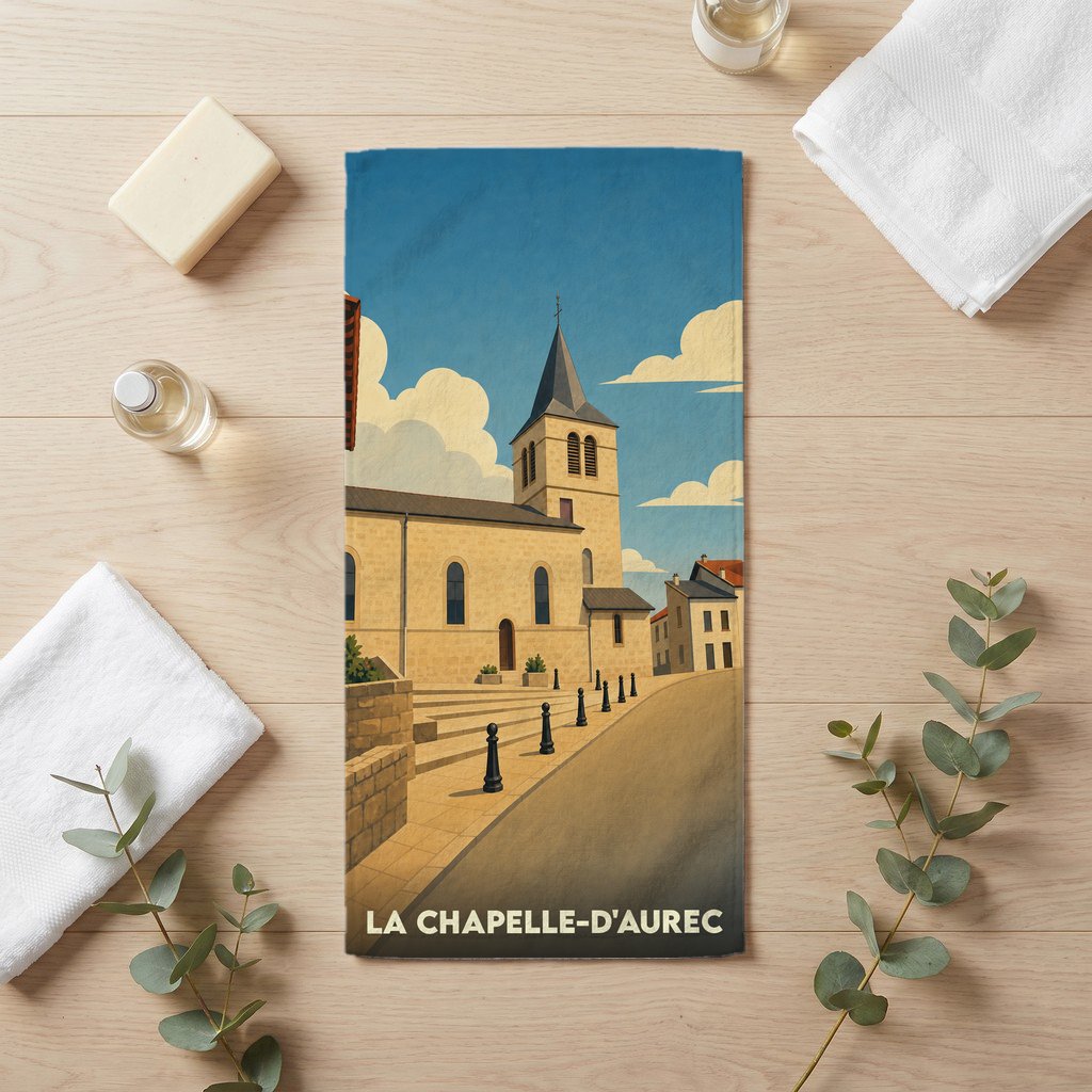 Serviette de bain souvenir de la ville de La Chapelle-d'Aurec avec une illustration stylisée de son église.