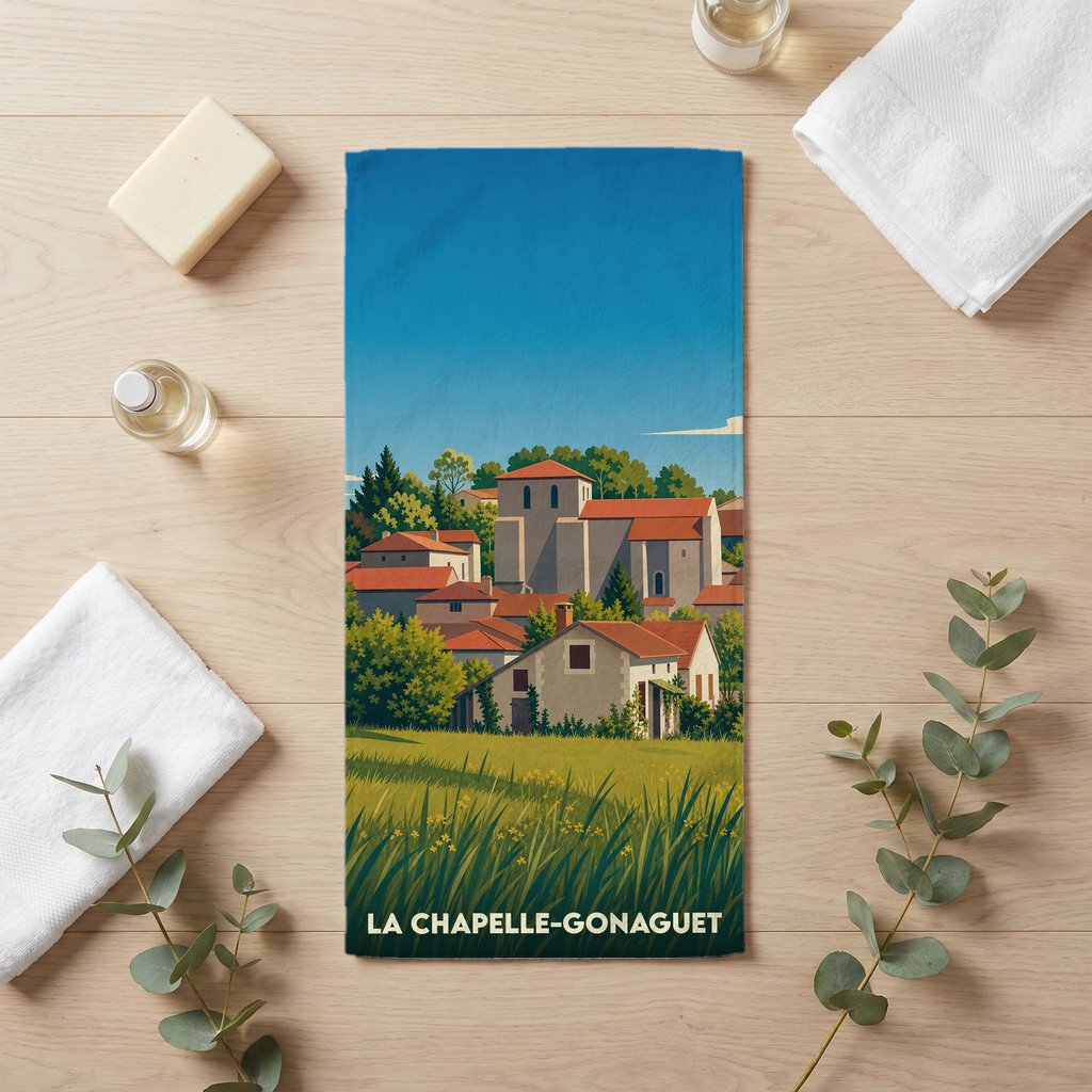 Serviette de bain souvenir de la ville de La Chapelle-Gonaguet avec une illustration stylisée d'un village français.