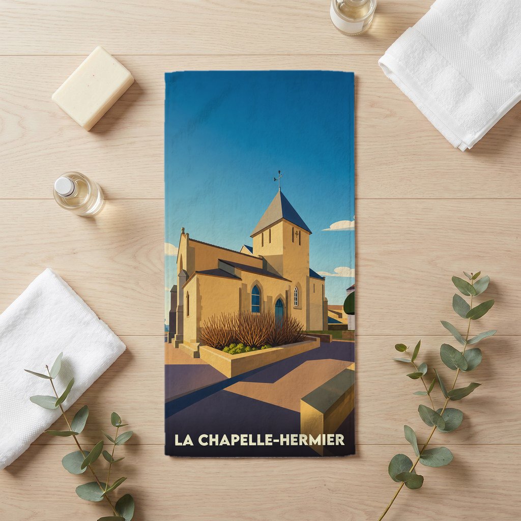 Serviette de bain souvenir de la ville de La Chapelle-Hermier avec une illustration stylisée de son église.