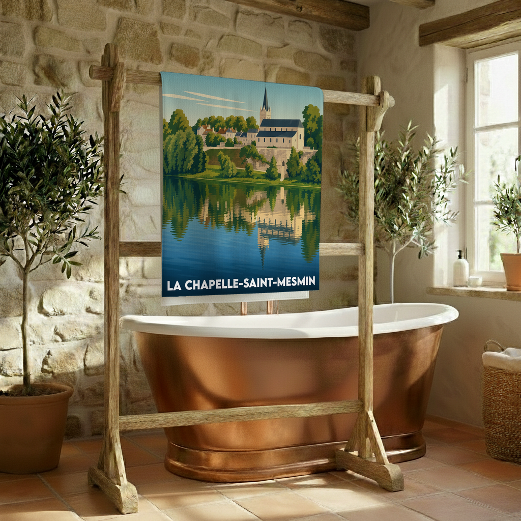 Serviette de bain souvenir de La Chapelle-Saint-Mesmin avec une illustration stylisée des bords de Loire.