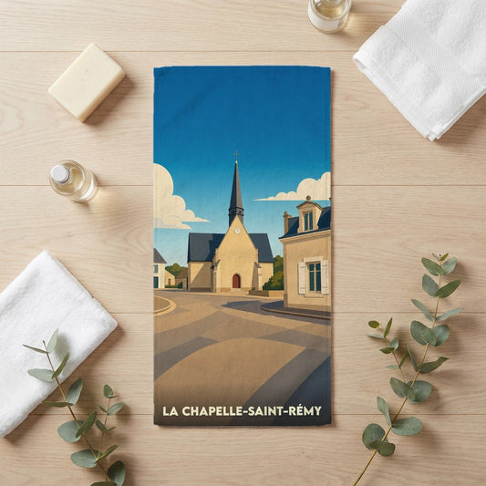 Serviette de bain souvenir de la ville de La Chapelle-Saint-Rémy avec une illustration stylisée.