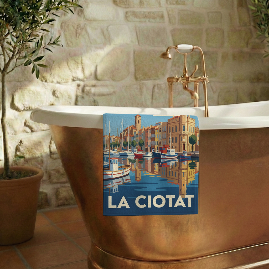 Serviette de bain souvenir de la ville de La Ciotat avec une illustration stylisée de son port.