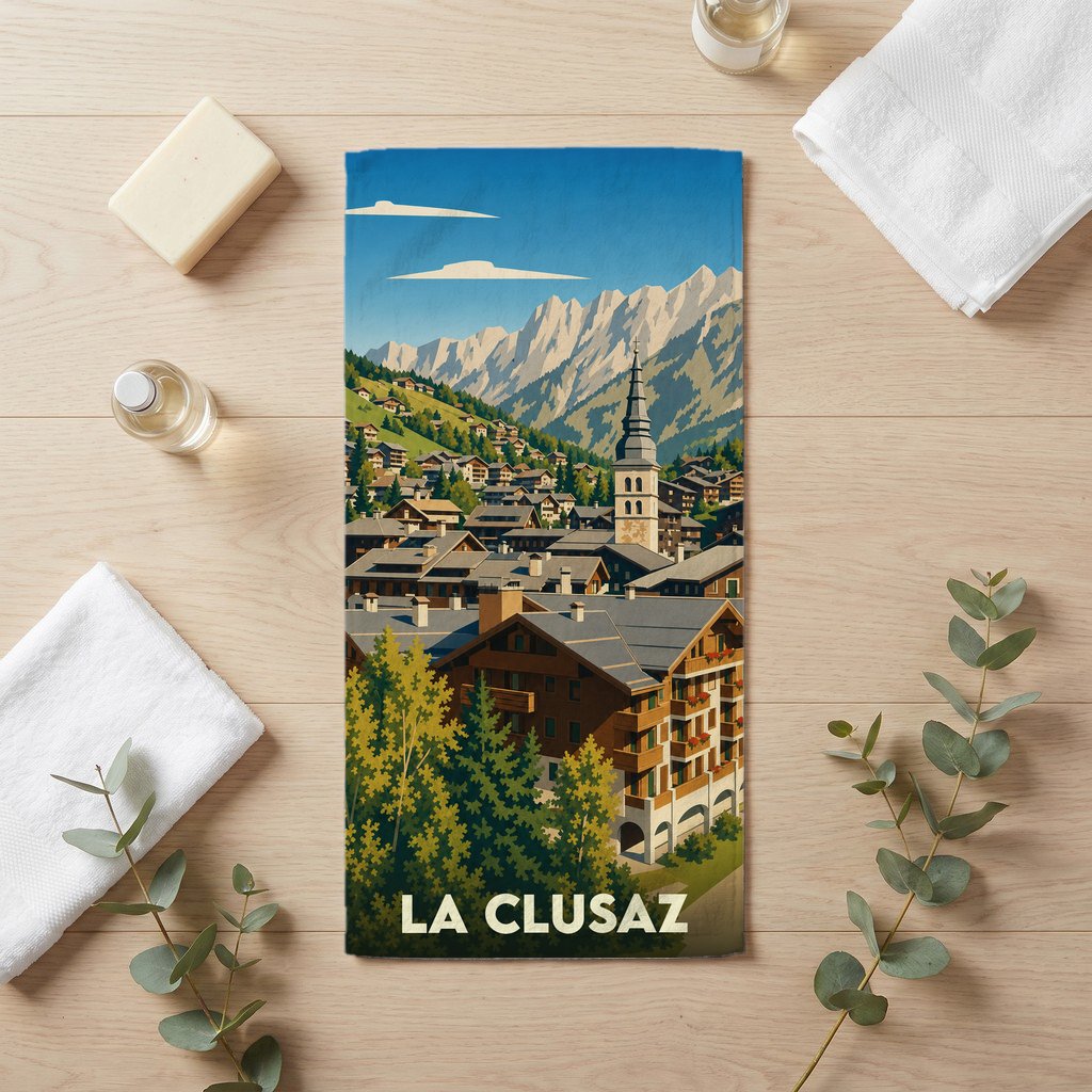 Serviette de bain souvenir de la ville de La Clusaz avec une illustration stylisée de style affiche rétro.