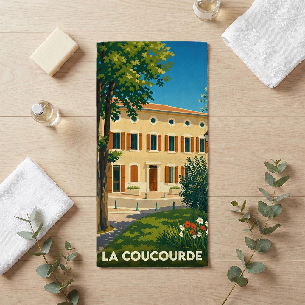 Serviette de bain souvenir de la ville de La Coucourde avec une illustration stylisée d'un bâtiment provençal.