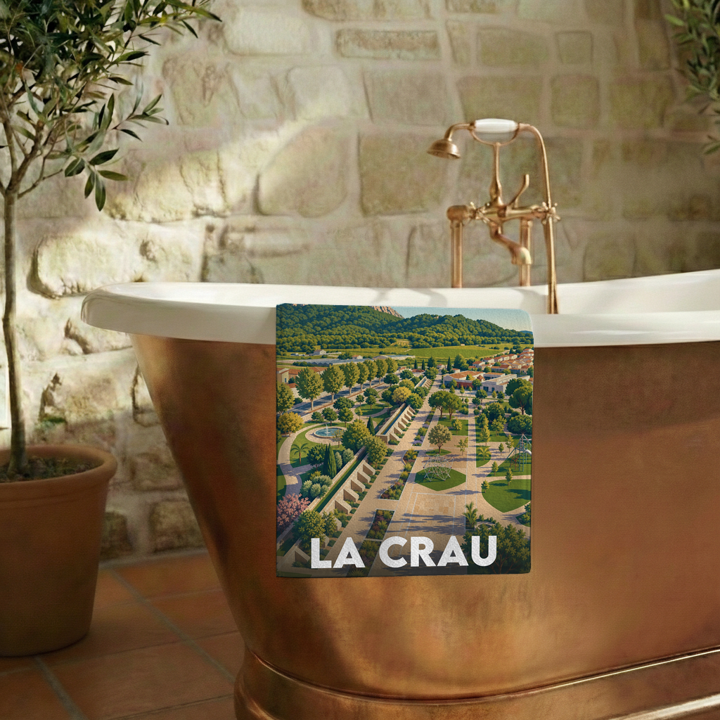 Serviette de bain souvenir de la ville de La Crau avec une illustration paysagère stylisée.