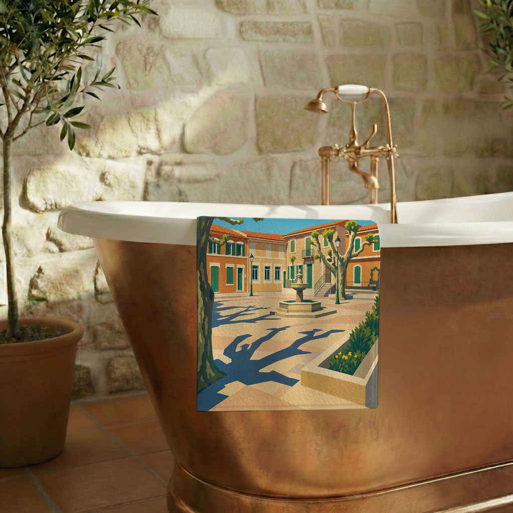 Serviette de bain souvenir de la ville de La Destrousse avec une illustration stylisée.