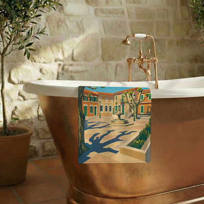 Serviette de bain souvenir de la ville de La Destrousse avec une illustration stylisée.