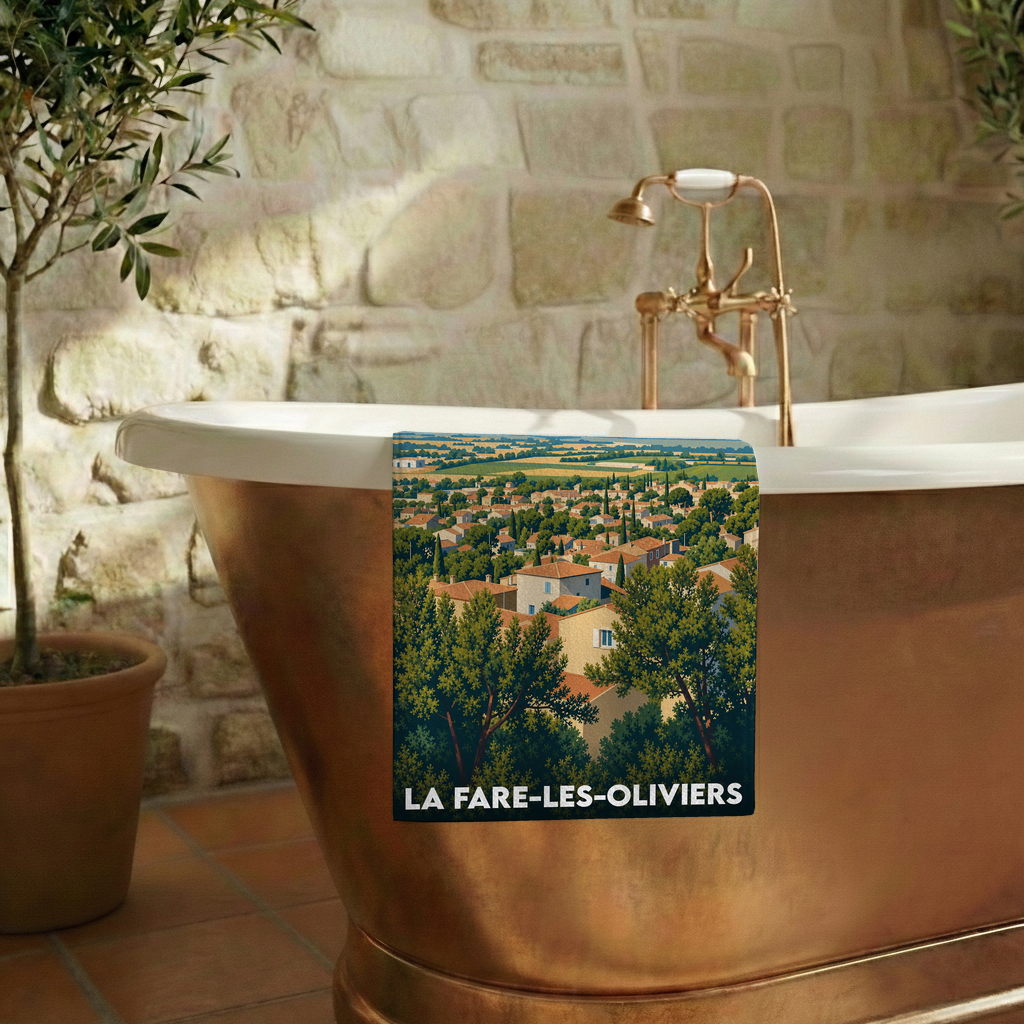 Serviette de bain souvenir de la ville de La Fare-les-Oliviers avec une illustration stylisée de son paysage urbain et arboré.