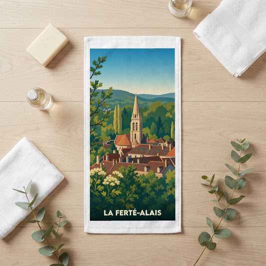 Serviette de toilette souvenir de la ville de La Ferté-Alais avec une illustration stylisée.