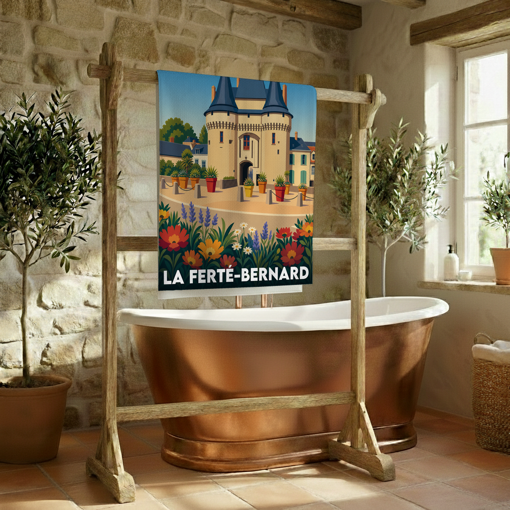 Serviette de bain souvenir de la ville de La Ferté-Bernard avec une illustration stylisée.