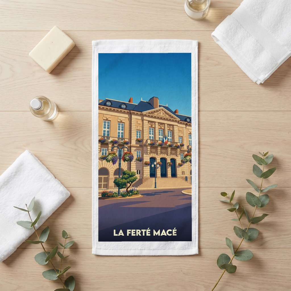 Serviette de bain souvenir de la ville de La Ferté-Macé avec une illustration stylisée de son hôtel de ville.