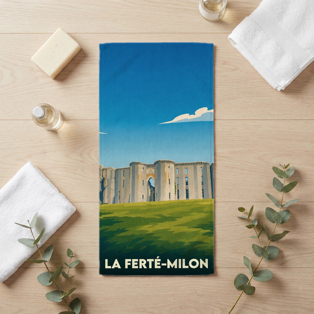 Serviette de bain souvenir de la ville de La Ferté-Milon avec une illustration stylisée du château local.