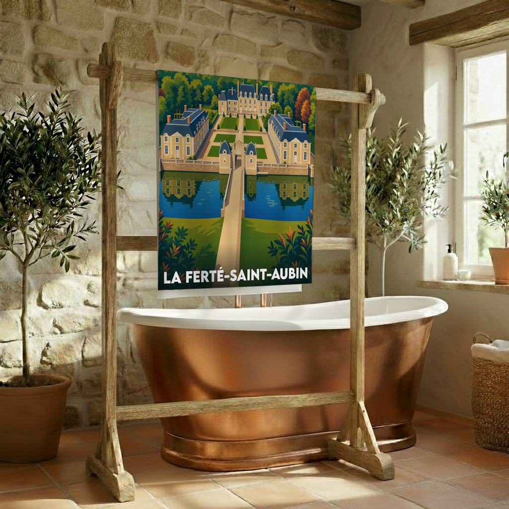 Serviette de bain souvenir de La Ferté-Saint-Aubin ornée d'une illustration stylisée de son château.