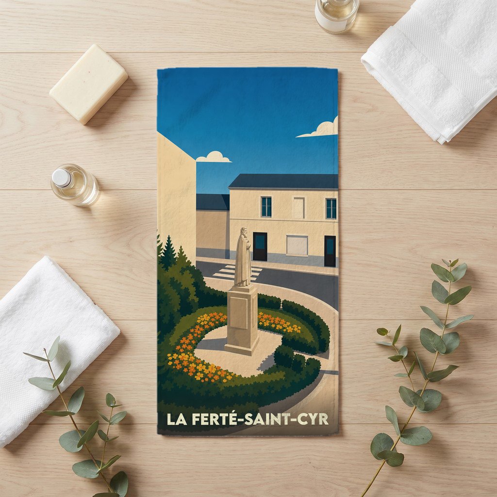 Serviette de bain souvenir de la ville de La Ferté-Saint-Cyr avec une illustration stylisée.