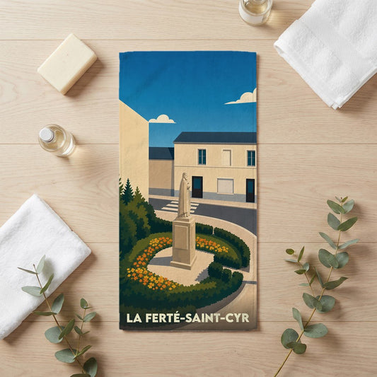 Serviette de bain souvenir de la ville de La Ferté-Saint-Cyr avec une illustration stylisée.