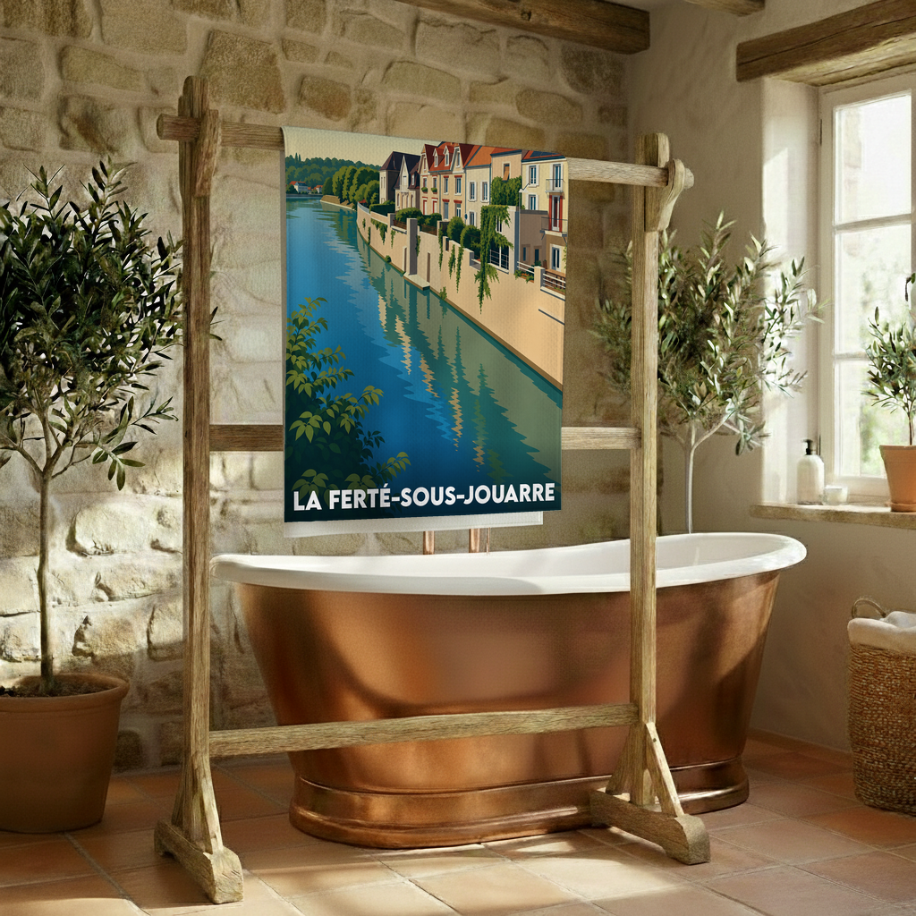 Serviette de bain souvenir de la ville de La Ferté-sous-Jouarre illustrant les bords de la Marne.