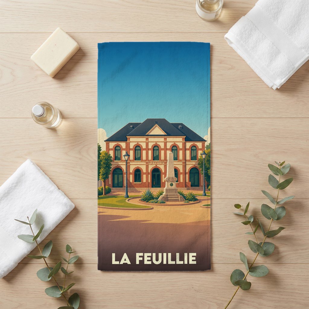 Serviette de bain souvenir de la ville de La Feuillie avec une illustration stylisée de sa mairie et d'un monument.
