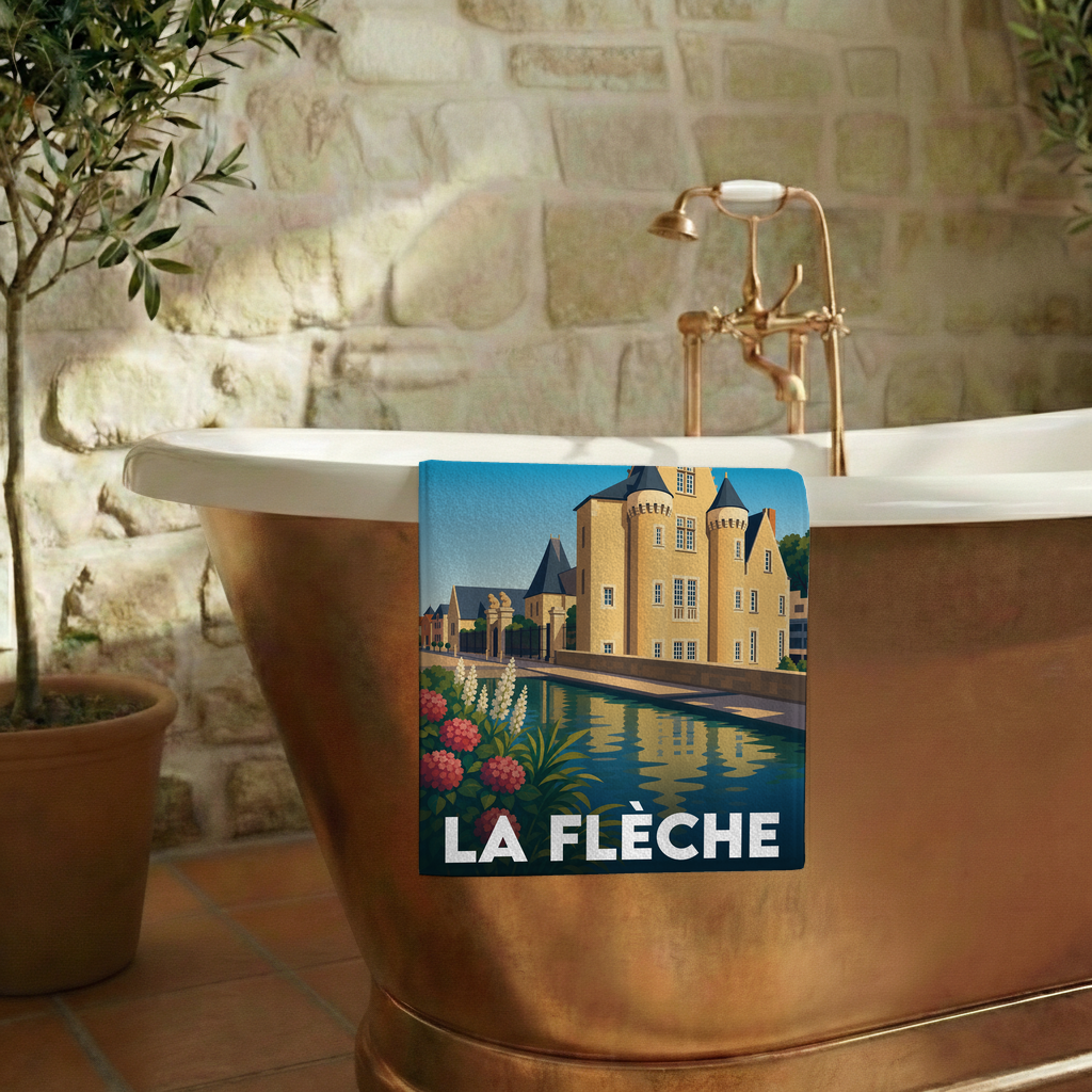Serviette de bain souvenir de la ville de La Flèche avec une illustration stylisée.