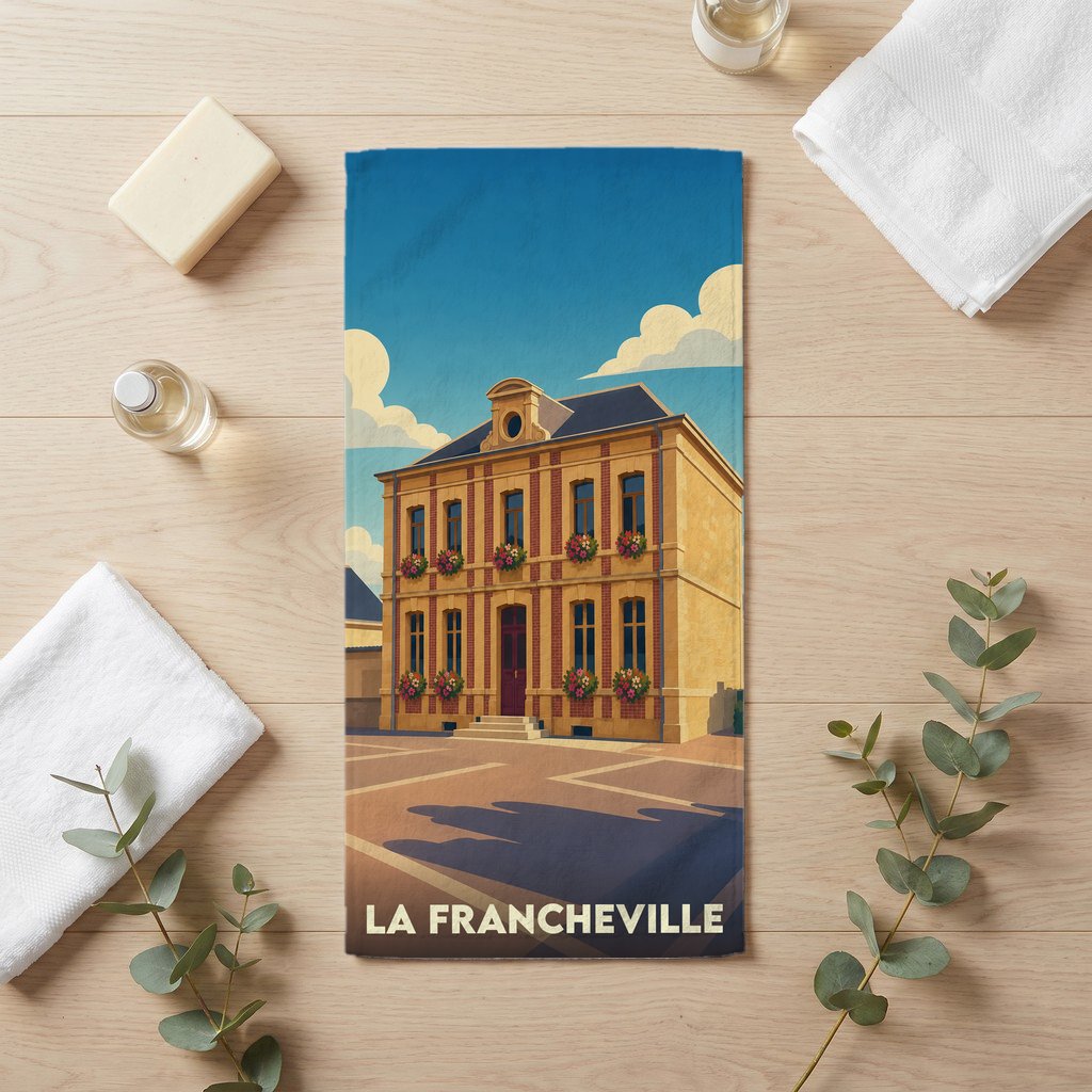 Serviette de bain souvenir de la ville de La Francheville avec une illustration stylisée.