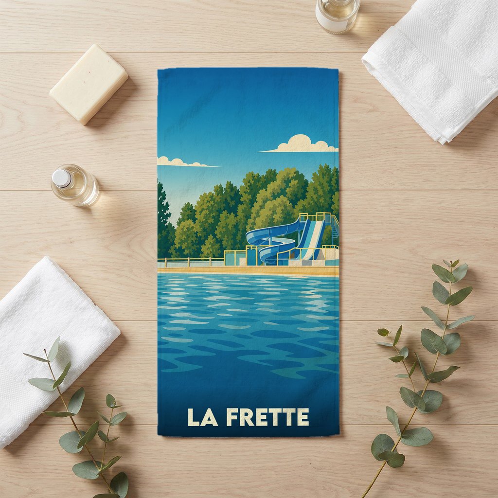 Serviette de bain souvenir de la ville de La Frette avec une illustration stylisée de sa base de loisirs.