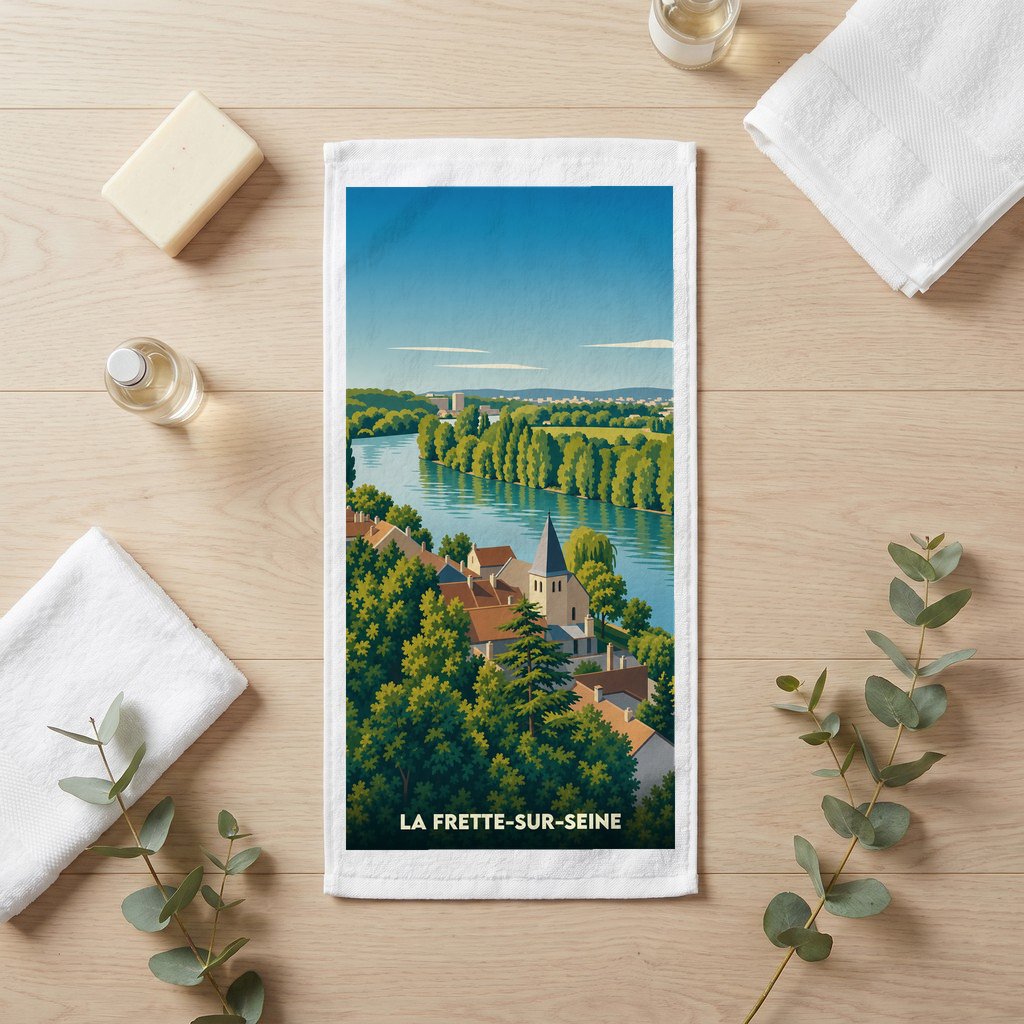 Serviette de bain souvenir de la ville de La Frette-sur-Seine avec une illustration stylisée des bords de Seine.