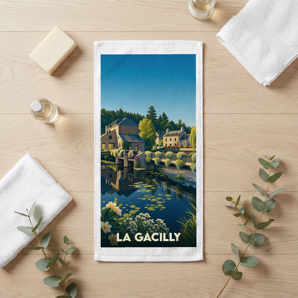 Serviette de bain souvenir de la ville de La Gacilly avec une illustration stylisée d'un paysage fluvial.