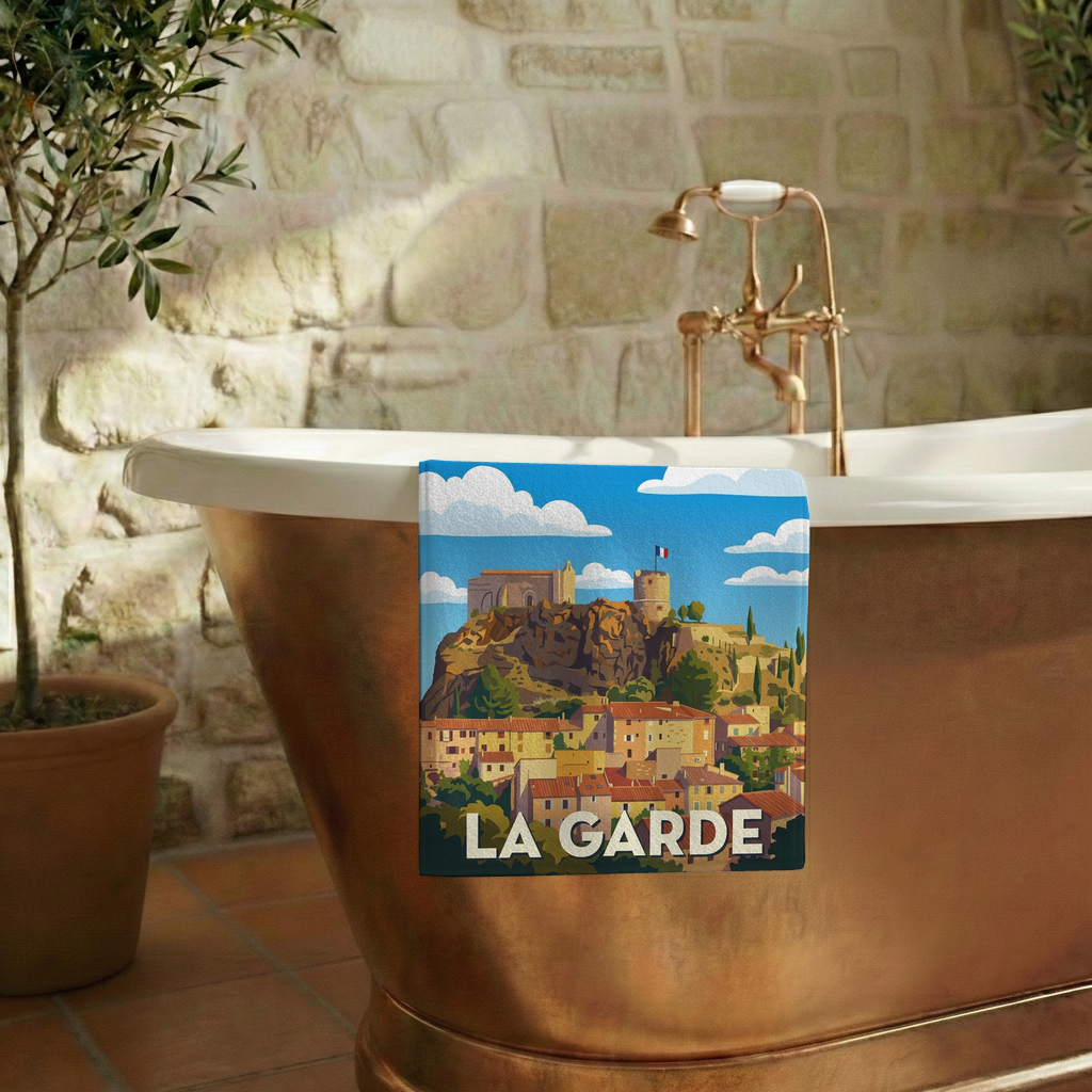 Serviette de bain souvenir de la ville de La Garde avec une illustration stylisée.