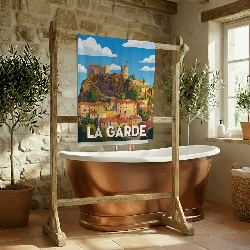 Serviette de bain souvenir de la ville de La Garde avec une illustration stylisée.