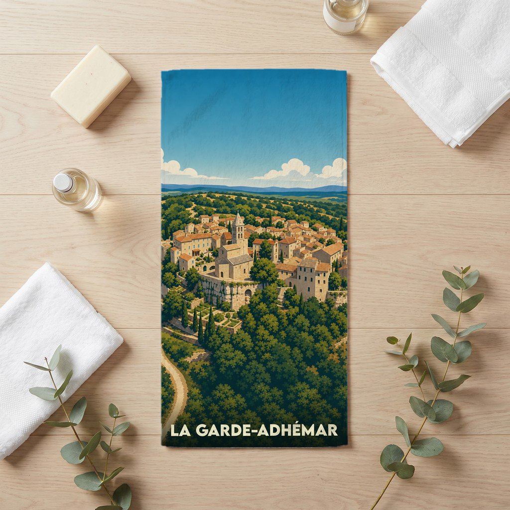 Serviette de bain souvenir de la ville de La Garde-Adhémar avec une illustration de village perché.