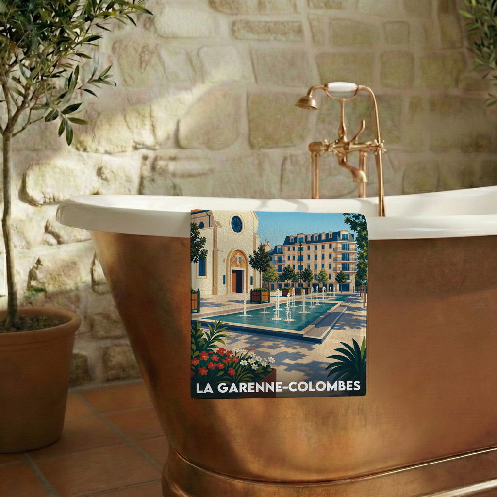 Serviette de bain souvenir de la ville de La Garenne-Colombes avec une illustration stylisée.