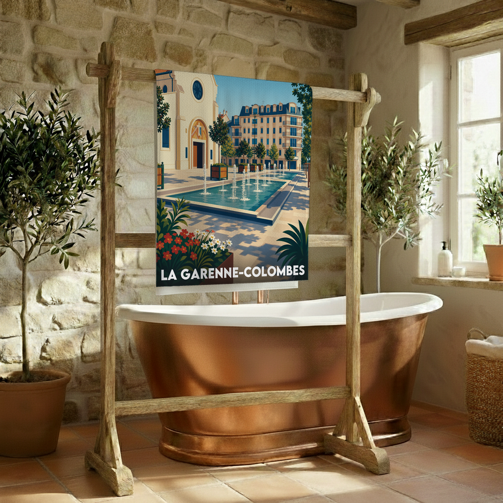 Serviette de bain souvenir de la ville de La Garenne-Colombes avec une illustration stylisée.