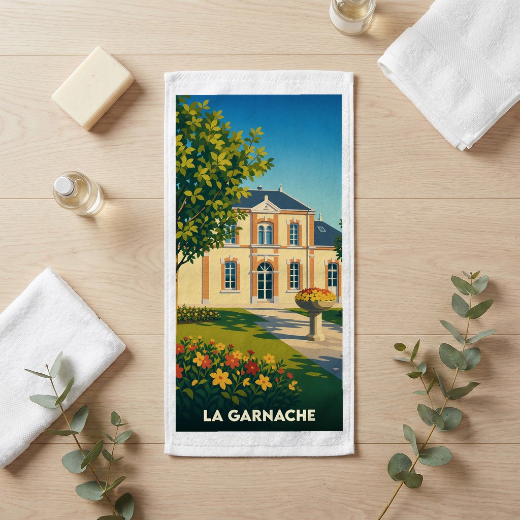 Serviette de bain souvenir de la ville de La Garnache avec une illustration stylisée d'un manoir fleuri.