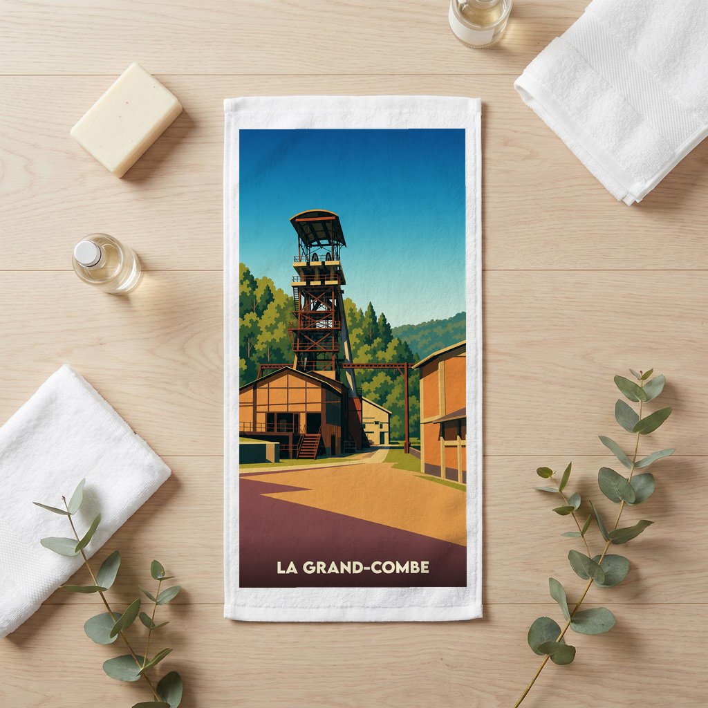 Serviette souvenir de la ville de La Grand-Combe avec une illustration stylisée d'un puits de mine.
