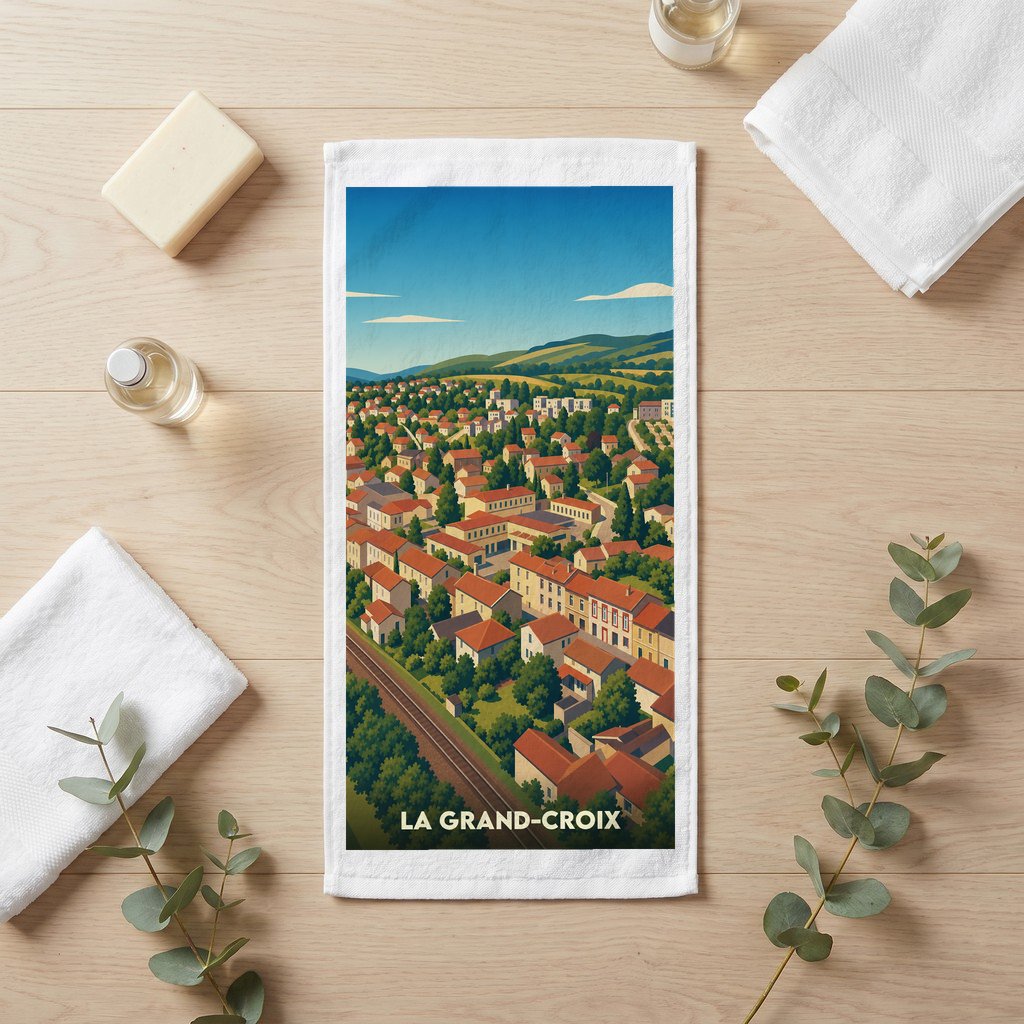 Serviette de bain souvenir de la ville de La Grand-Croix illustrée d'un paysage urbain stylisé.