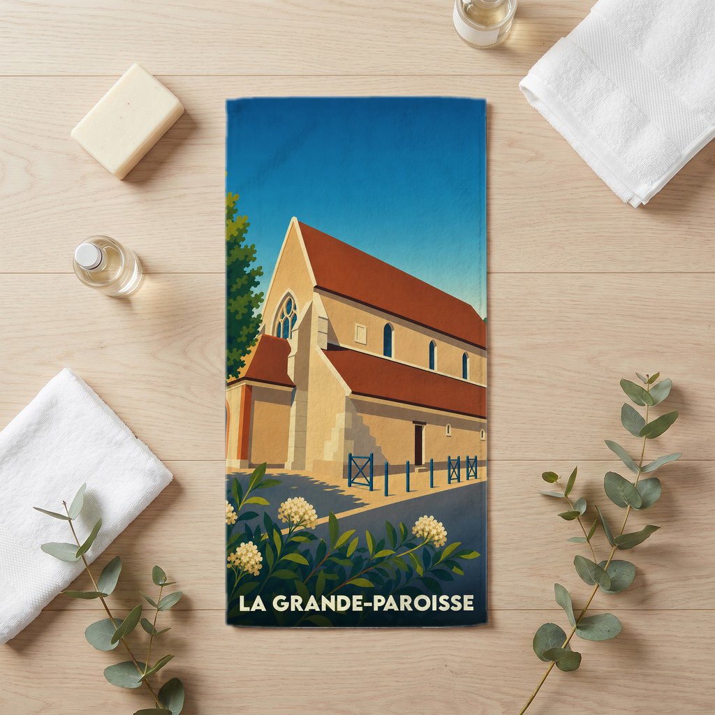 Serviette de bain souvenir de la ville de La Grande-Paroisse avec une illustration stylisée de son église.