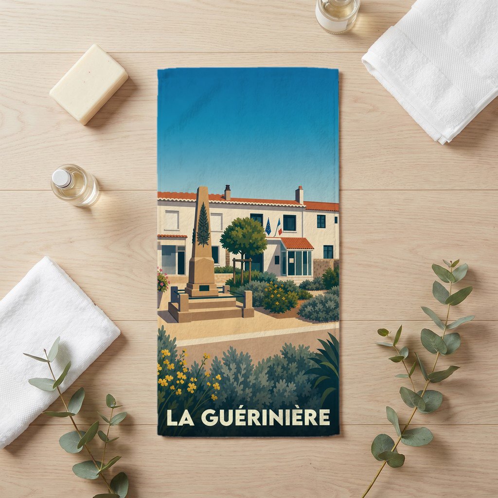 Serviette de bain souvenir de la ville de La Guérinière avec une illustration stylisée.