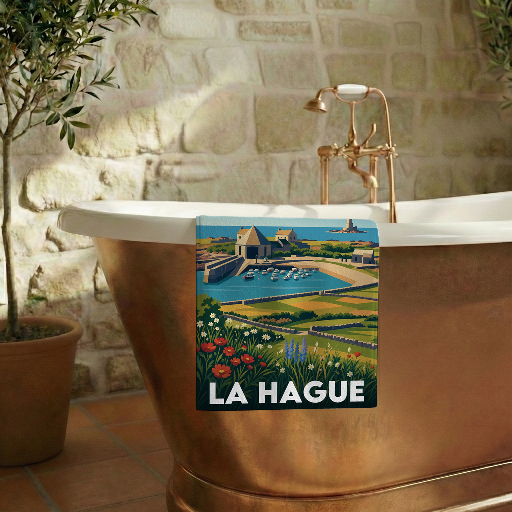 Serviette de bain souvenir de la ville de La Hague avec une illustration stylisée.