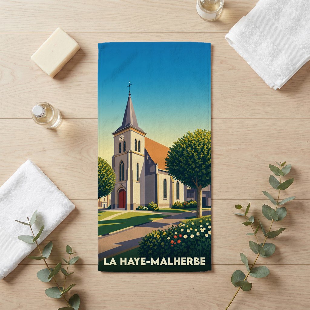 Serviette de bain souvenir de la ville de La Haye-Malherbe illustrée d'une église pittoresque dans un style affiche de voyage.