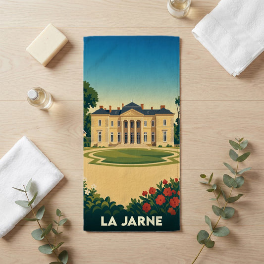 Serviette de bain souvenir de la ville de La Jarne avec une illustration stylisée d'un château.