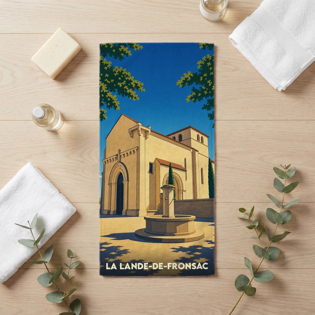 Serviette de bain souvenir de La Lande-de-Fronsac ornée d'une illustration stylisée de son église et d'une fontaine.
