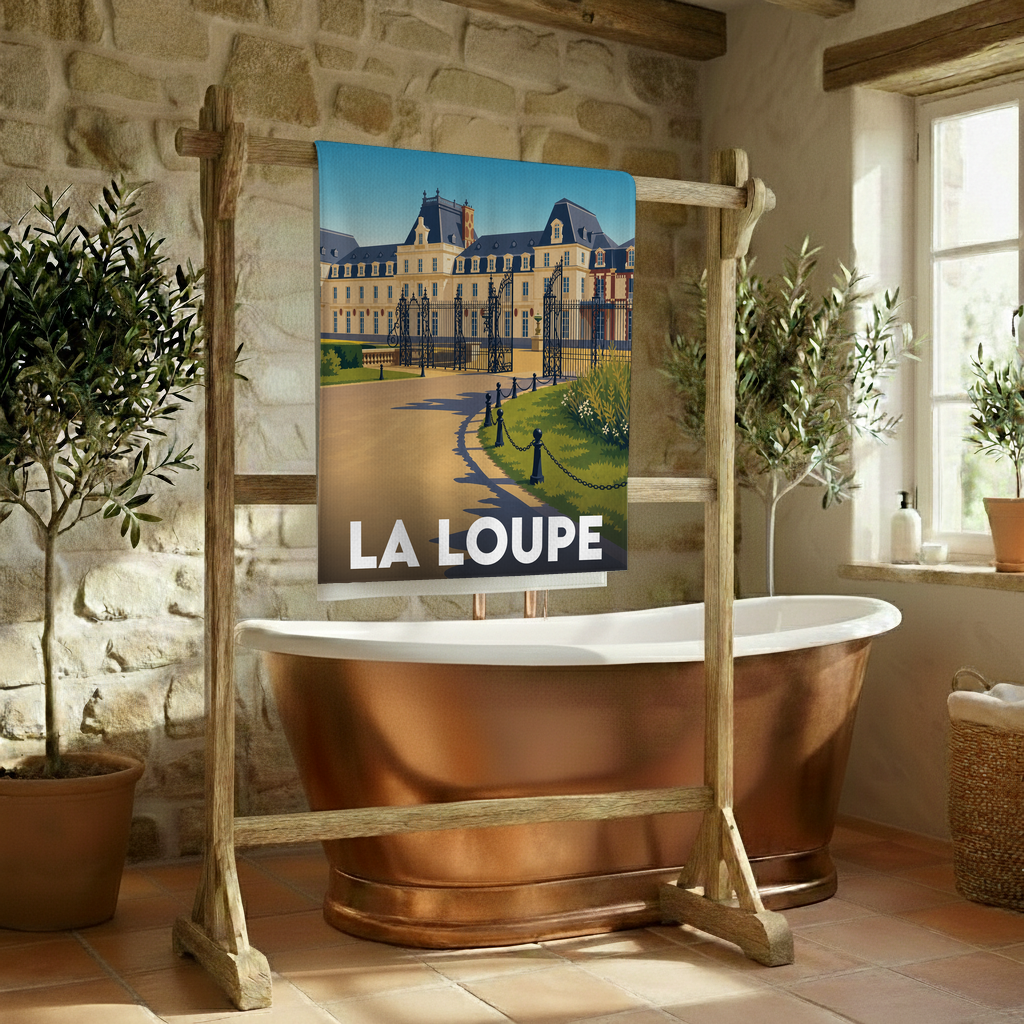 Serviette de bain souvenir de la ville de La Loupe avec une illustration stylisée.