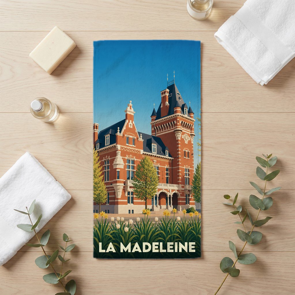 Serviette de bain souvenir de la ville de La Madeleine ornée d'une illustration stylisée de l'hôtel de ville.