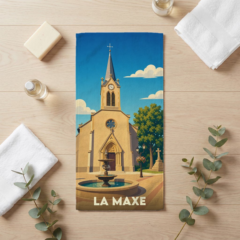 Serviette de bain souvenir de la ville de La Maxe avec une illustration stylisée de son église et d'une fontaine.