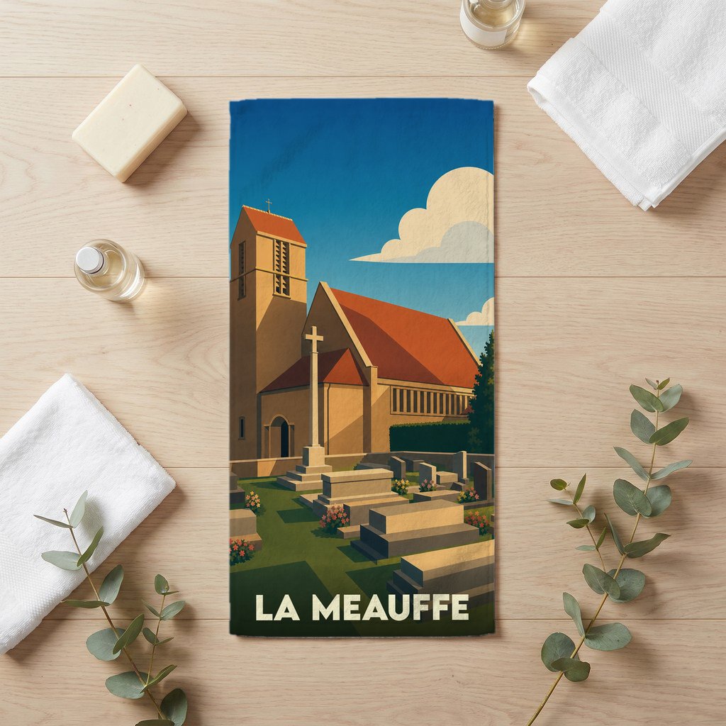 Serviette de bain souvenir de la ville de La Meauffe avec une illustration stylisée d'une église et de son cimetière.