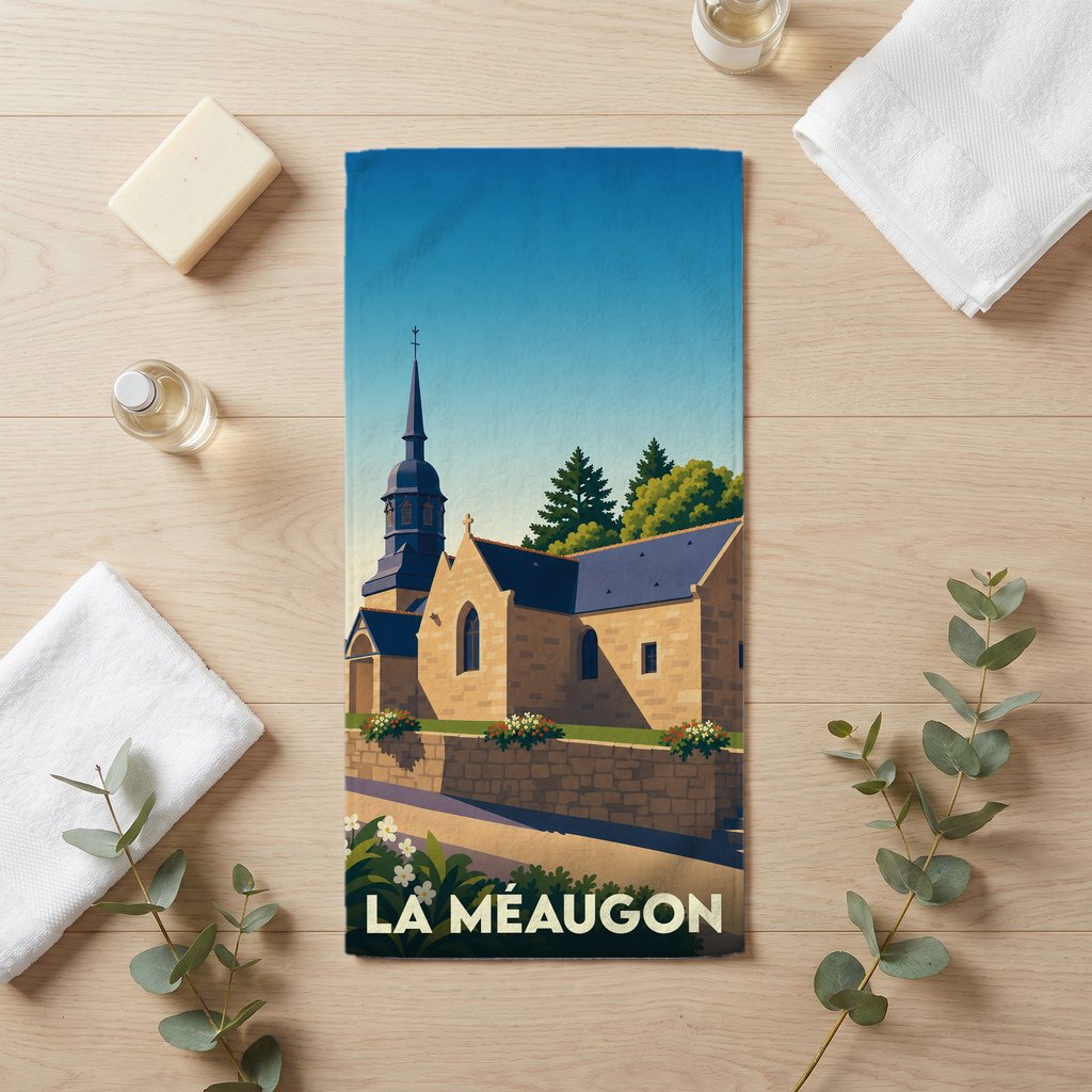 Serviette de bain souvenir de la ville de La Méaugon avec une illustration stylisée de son église.