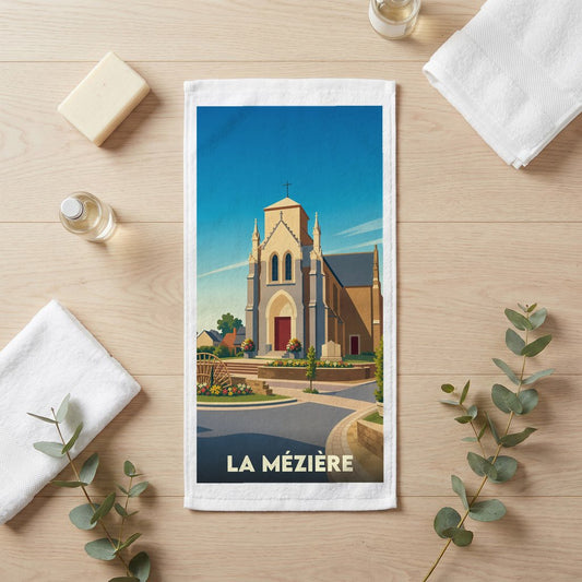 Serviette de bain souvenir de la ville de La Mézière avec une illustration stylisée de son église.