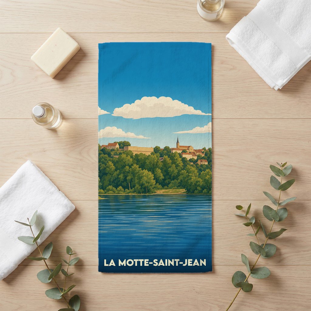 Serviette de bain souvenir de la ville de La Motte-Saint-Jean avec une illustration stylisée d'un paysage de bord de l'eau.