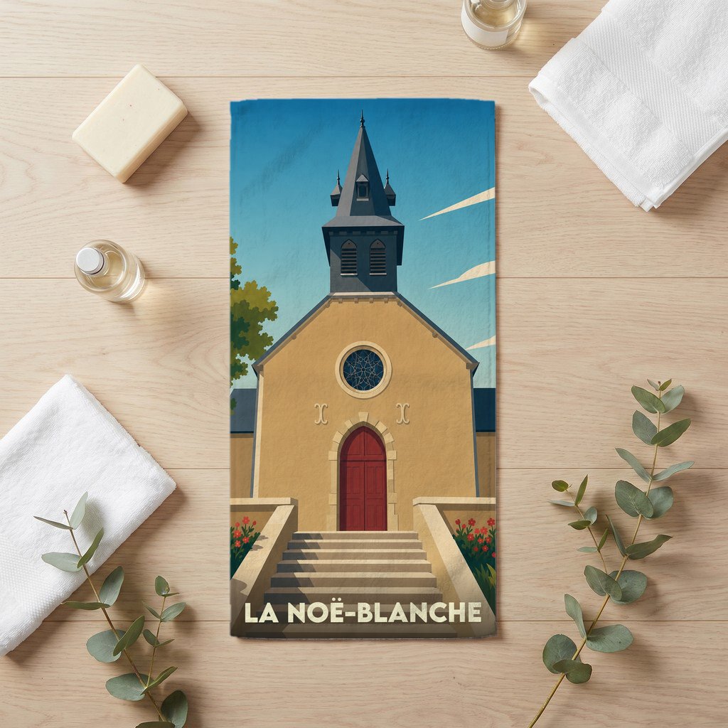 Serviette de bain souvenir de la ville de La Noë-Blanche avec une illustration stylisée de son église.