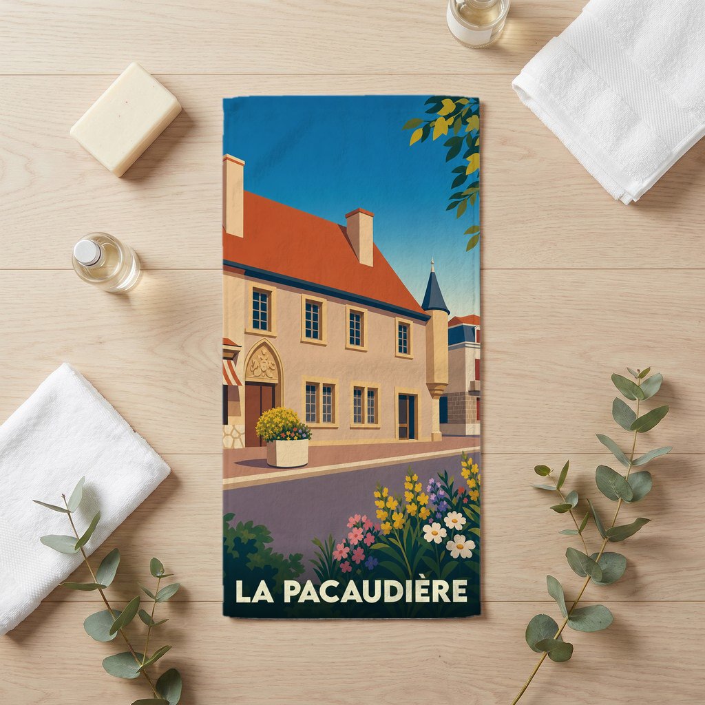 Serviette de bain souvenir de la ville de La Pacaudière avec une illustration stylisée.